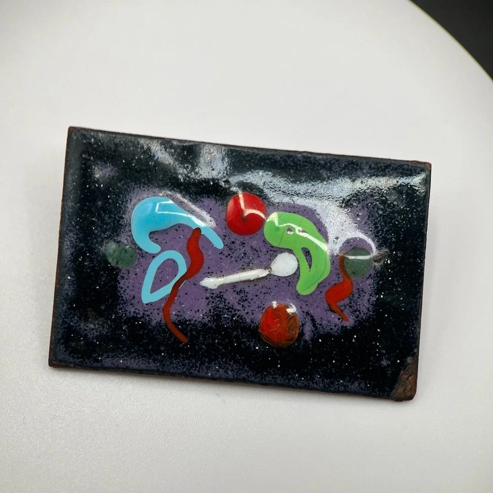 Vintage Multicolor Classic Rectangular‎ Abstract Art Enameled Copper Brooch Pin